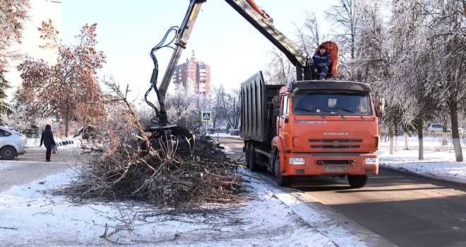 В ежедневном режиме: уборка и вывоз поврежденных ледяным дождём веток и деревьев продолжается в Дзержинске